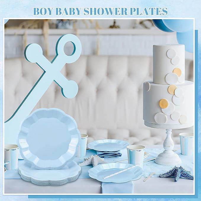 NatNarr 30 Pcs Light Blue Paper Plates 9 Inch Scalloped Baby Blue Plates Disposable Dinner Plate Party Plate for Wedding, Boy Baby Shower, Birthday, Party