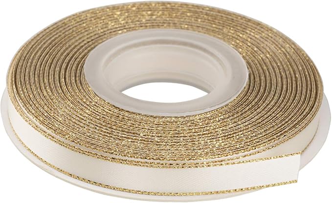 3/8" Double Face Satin Ribbon with Gold Edge 25 Yards (810-Ivory) , Set For Gift Wrapping, Party Decor, Wedding and Craft