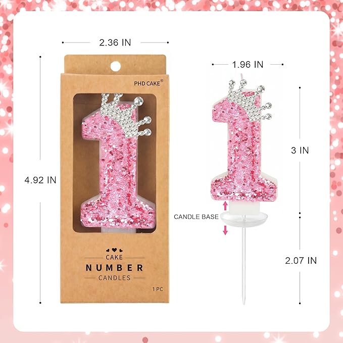PHD CAKE Birthday Number Candles,Pink Crown Birthday Candles for Cake,Glitter Number 1 Candle Cake Topper with Sequins for Girls,Women, Anniversary Celebrations Supplies