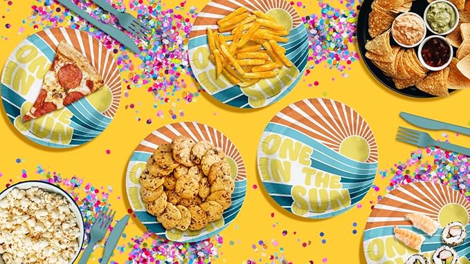 One In the Sun Summer First Birthday - 32 Piece Disposable Party Supplies - Decorations for Boy's 1st Birthday Round Party Plates - Large 9" Paper Plates In Bulk