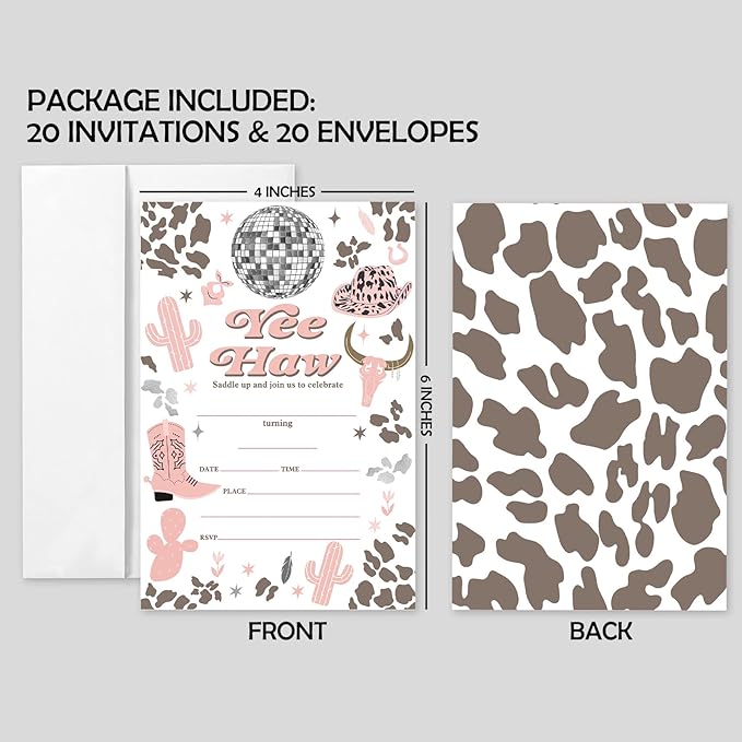 20 Sets Cowgirl Yee Haw Birthday Party Invitations With Envelopes,Western Disco Ball Double-sided Printed Birthday Party Invitation Invite Cards for Baby Girls,Saddle Up Birthday Invites