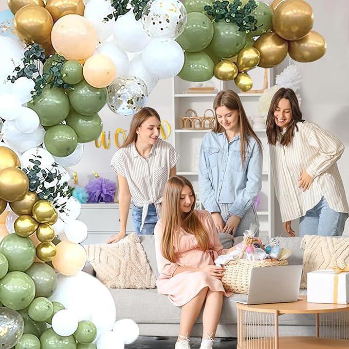 223Pcs Sage Green Baby Shower Decorations,"OH BABY" Banner, Balloon, Sash, Cake Topper for 25 Guests,Neutral Baby Shower Decor Supplies- Disposable Dinnerware Set With Eucalyptus Leaf