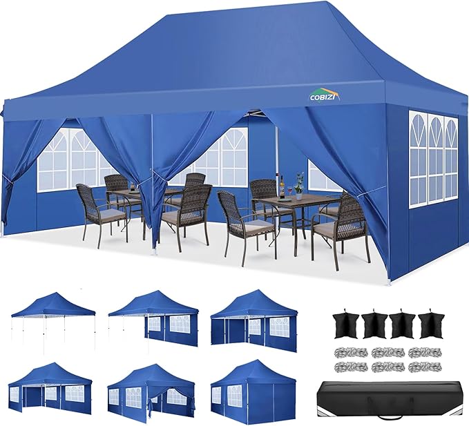 COBIZI 10x20 Pop Up Canopy Tent with 6 Sidewalls, Waterproof Commercial Canopy Ez Outdoor Instant Gazebo Easy to Set up Event Shelter, Garden Tents for Parties with Sandbags, Blue