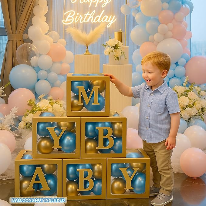 Voircoloria Baby Balloon Boxes Decorations With 78 Letters, 6 Gold Boxes for Custom Baby Shower Wedding Graduation Birthday Gender Reveal Decorative Blocks(6PCS Gold)