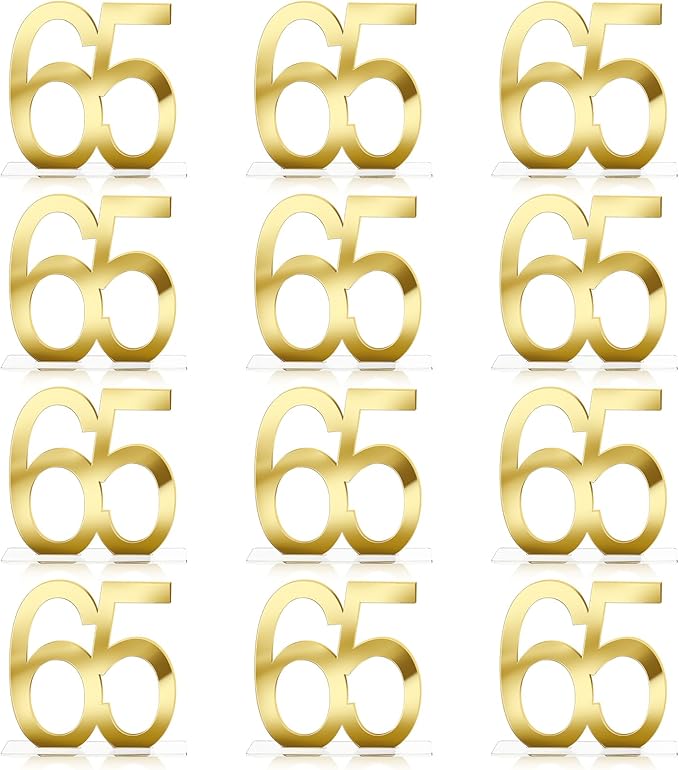 Threehoney 12 Pcs Mirror Gold 65th Birthday Decorations for Men and Women Acrylic Anniversary Decorations Table Numbers Centerpieces for Birthday Party