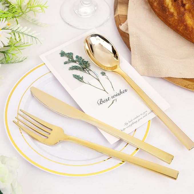 Rubtlamp 3 Packs of 60 Pcs Gold Plastic Silverware - 180 Pcs Heavy Duty Disposable Plastic Utensils - Gold Plastic Cutlery Set for Party&Wedding