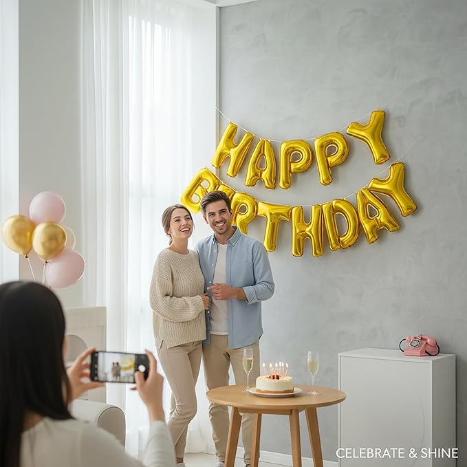 Gold Happy Birthday Banner Foil Letter Balloon, 14 Inch 3D Reusable Inflatable Mylar Balloon Foil Sign, Birthday Decorations for Women Men Boys Girls Kids (Birthday Banner 2)