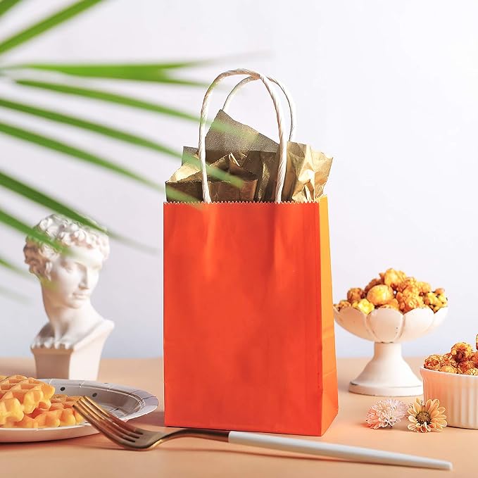 AWELL Small Orange Paper Bags with Handle, Party Favours, 6.5x4.5x2.5 inches, Pack of 24, Ideal for Halloween, Birthday, Wedding, Bridal Shower