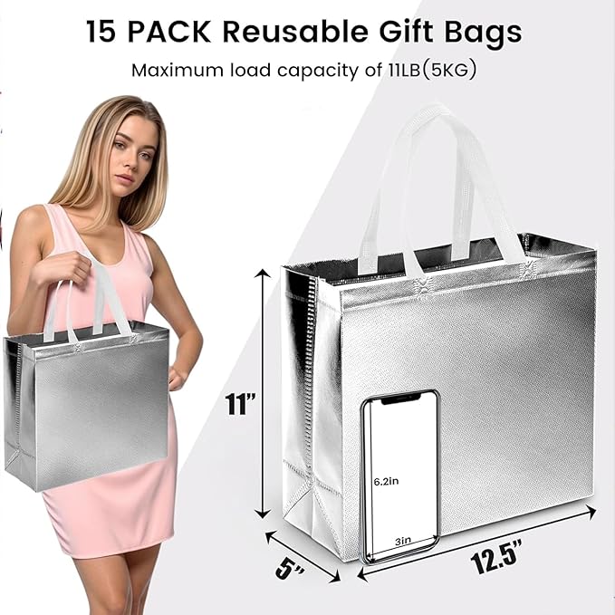 VGOODALL 15 Pack Large Gift Bags with Handles, 12.6" x 5" x 11" Silver Reusable Gift Bags Bulk for Birthday Wedding Party Favor