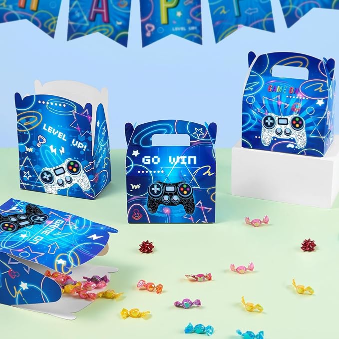 WERNNSAI Game Party Boxes - 12PCS Gaming Birthday Decorations for Kids Boys Blue Video Game Goodie Bags Treat Gifts Boxes Gamer On Level Up Birthday Party Supplies for Baby Shower Anniversary Parties
