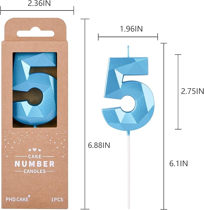 PHD CAKE 2.76 Inch Crystal Blue 5 Number Birthday Candles, Blue Cake Candles for Party Celebration