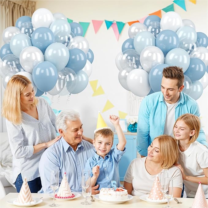 Light Blue Balloons Set, 60PCS Double Stuffed Pearl White Balloons, 12 Inch Dusty Haze Dusty Blue White Transparent Balloon Helium for Boys Birthday Wedding Baby Shower Gender Reveal Party Decoration