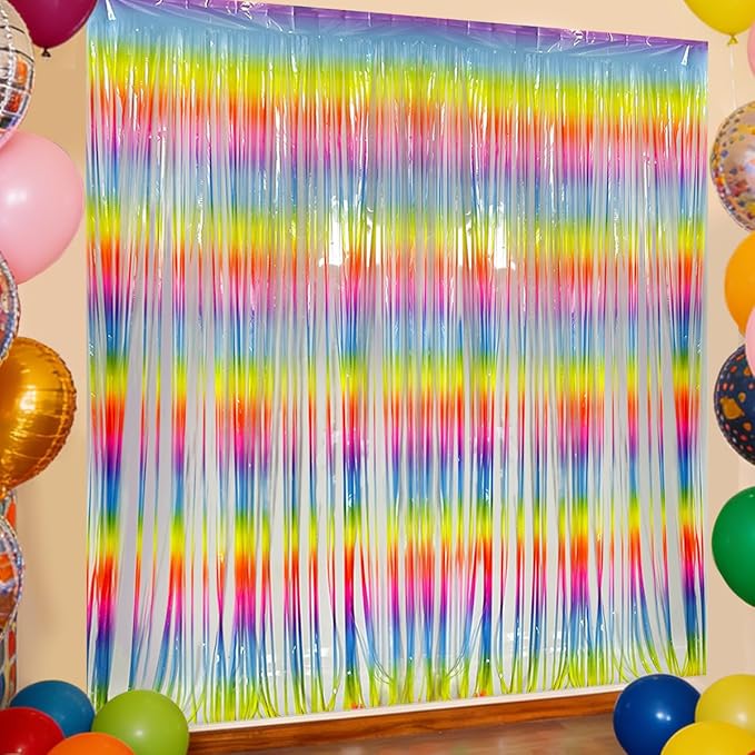 3 Pack Glow in The Dark Party Supplies 3.28x6.56Ft Rainbow Macaron Blacklight Reactive Fluorescent Foil Fringe Curtain for Glow Party,Photo Booth Prop Backdrop Streamer,Neon Party Decorations