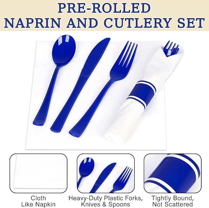 30 Pack Pre Rolled Blue Plastic Silverware Set,Wrapped Plastic Cutlery Set with Napkin Include 30 Forks,30 Spoons,30 Knives,30 White Napkins and 30 Blue Napkins for Graduation Congrats Grad Party