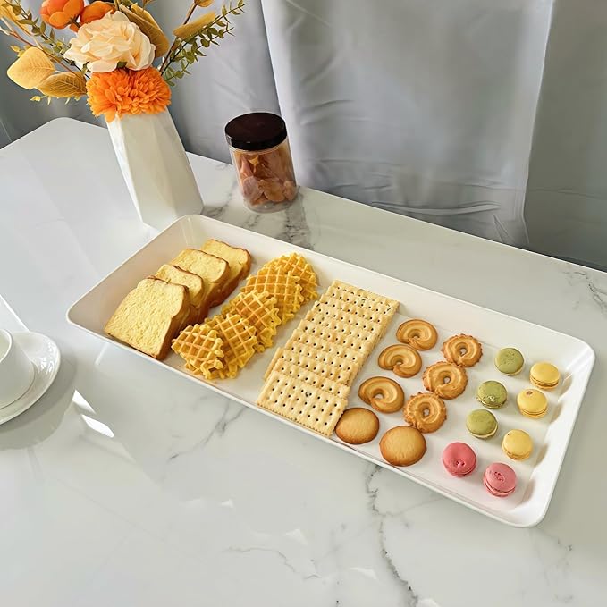 Serving Tray Platter Rectangle, 2 Pcs Long Narrow Food Tray for Veggie Fruit Snack Dessert, Plastic White Food Trays for Party Supplies Display, Rectangular Platters for Serving Food, BPA Free