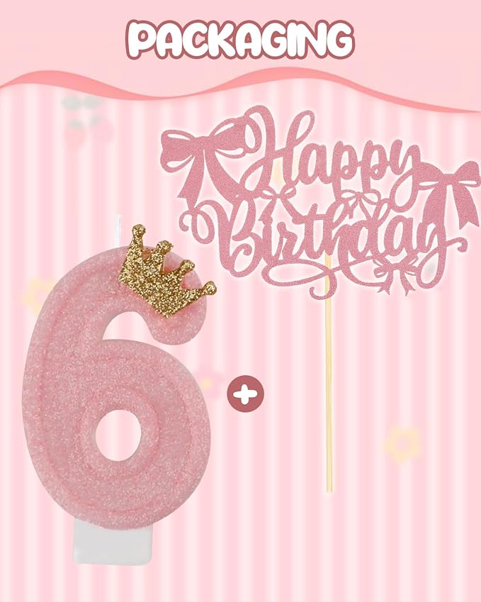 Birthday Candles for Cake, Pink Number Candles, Cake Candles with Cake Topper for Birthday Party Wedding Anniversary Celebrations (6 Candle)