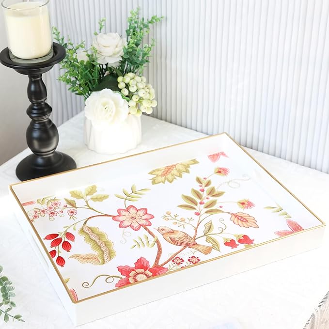 Spsyrine Decorative Serving Tray with Handles, White Lacquered Coffee Table Tray for Ottoman, Rectangle Waterproof Platters for Centerpieces, Parties, Living Room, Kitchen Counter Organization