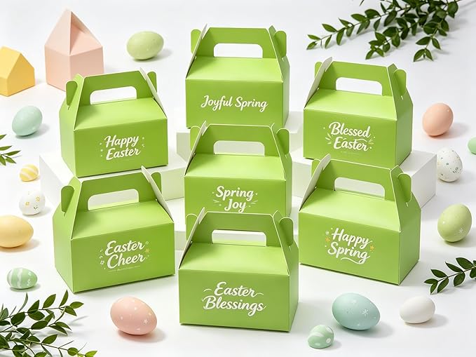 XAGLVV 24 Pack Green Paper Gable Boxes with Handles - Treat & Goodie Box for St. Patrick's Day, Nature-Themed Party Favors