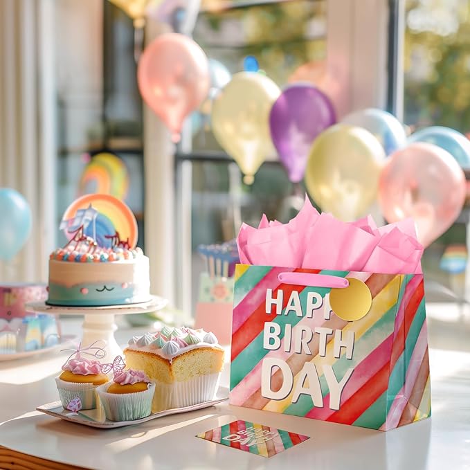BGTCARDS Birthday Gift Bag with Tissue Paper and Card, Happy Birthday Gift Bags for Party, Reusable Gift Bag for Presents with Handles - 13âx 10âx 5â, 1PCS