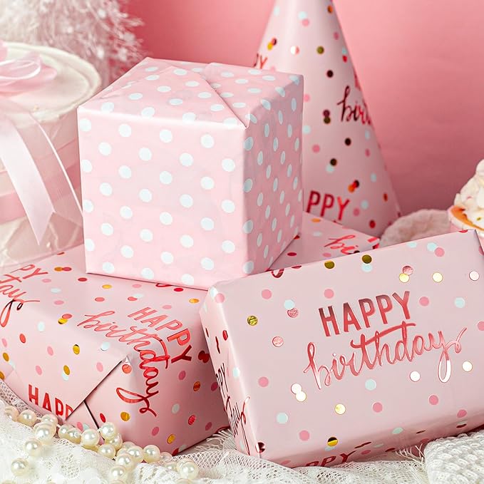 MAYPLUSS Reversible Pink Birthday Wrapping Paper Roll, Girl Gift Wrapping Paper, Metallic Foil Happy Birthday Pattern Girly Gift Wrap for Gift Packaging, Women Party, Celebrations (17 Inch x 33 Feet)