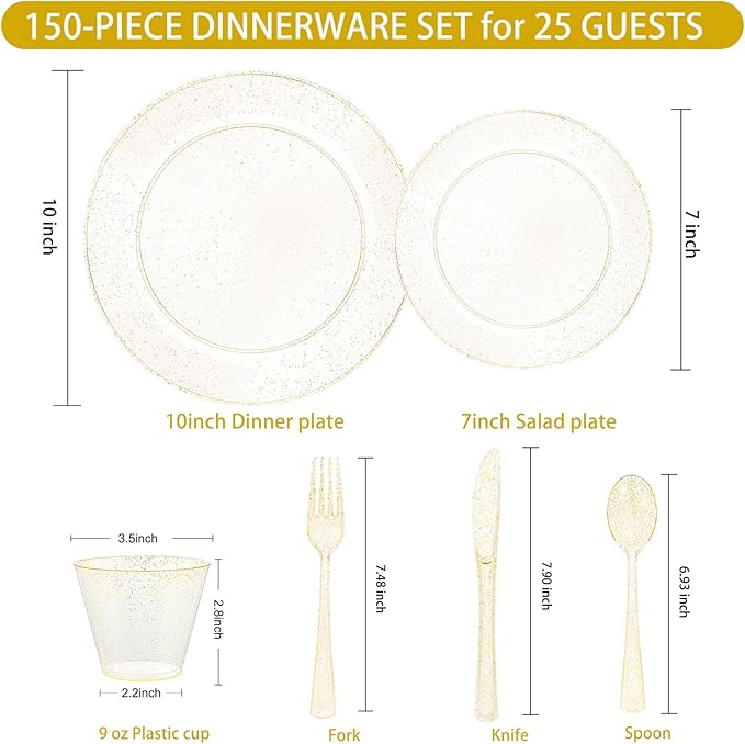 150 PCS Gold Glitter Disposable Dinnerware Set for 25 Guests, Plastic Plates for Party, Including 25 Dinner Plates, 25 Salad Plates, 25 Cups, 25 Forks Knives Spoons for Wedding and Party Supplies
