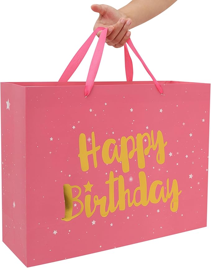Qirrmiy 16.5” Extra Large Pink Happy Birthday Gift Bag Set with Handles, Greeting Card, Tissue Papers and Stickers for Women Girls Kids, Stars Design, 1 Pcs.