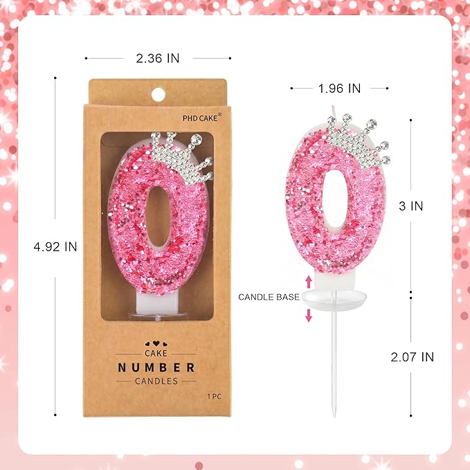 PHD CAKE Birthday Number Candles,Pink Crown Birthday Candles for Cake,Glitter Number 0 Candle Cake Topper with Sequins for Girls,Women, Anniversary Celebrations Supplies