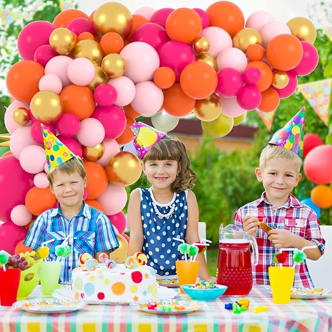 Hot Pink Orange Gold Balloon Garland Arch, 122PCS Rose Red, Metallic Gold Balloons Pink and Orange Party for Wedding Birthday Anniversary Valentine Day Party Decors