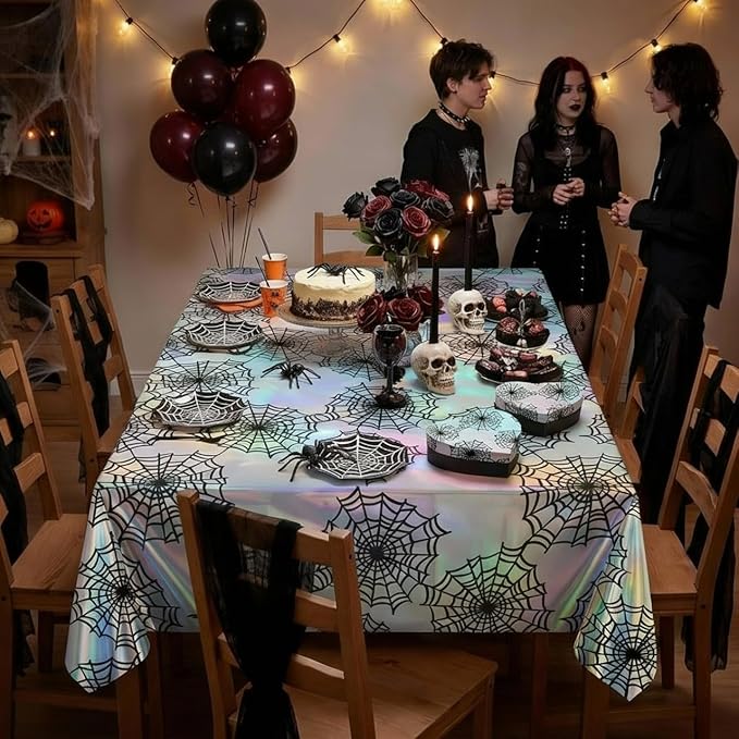 Cheerland Spiderweb Tablecloth Iridescent Holographic Foil Table Cover Halloween Decorations Disposable Plastic for Ghoul Birthday Bridal Shower Spooky Emo Gothic Summerween Party Supplies 2pcs