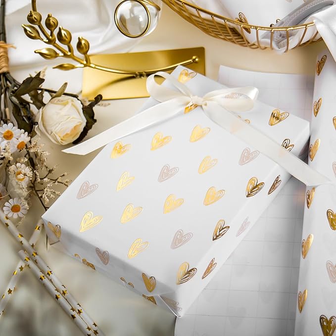 MAYPLUSS Foil Hearts Wrapping Paper Roll - 17 Inch X 33 Feet - Luxury Metallic Golden Heart Design Holiday Gift Wrap Present Paper for Valentineโs Day, Birthdays, Wedding, Anniversaries
