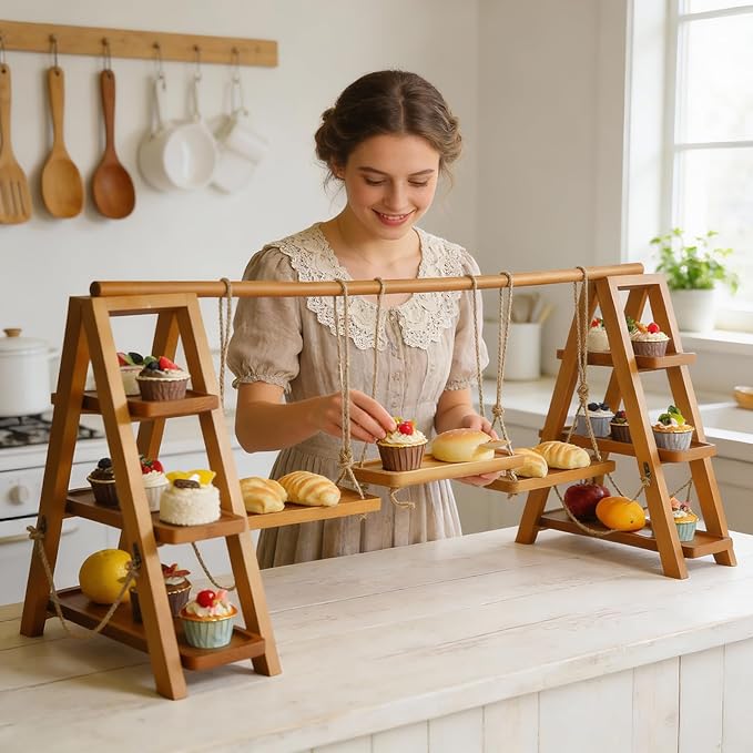 Tnstbiee Rustic 3-Tier Cupcake Stand – Elegant Wooden Dessert Display Stands for Cakes, Fruits, Nuts, Cheese - Removable– Removable Trays & Foldable Design – Ideal for Weddings, Parties & Home Events