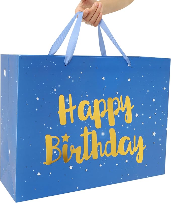Qirrmiy 16.5” Extra Large Blue Happy Birthday Gift Bag Set with Handles, Greeting Card, Tissue Papers and Stickers for Men Boys Kids, Husband, Father, Stars Design, 1 Pcs
