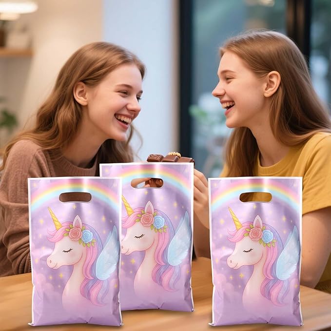 Fukaisu 50pcs Unicorn Party Favor Bags with Handles, Unicorn Rainbow Theme Plastic Goodie Candy Gift Goody Bags for Kids Birthday Party Supplies