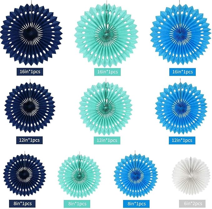 Blue White Hanging Honeycomb Round Paper Fans Decoration Kit for Baby Boy Shower Birthday Navy Ocean Wedding Under The Sea Theme Photo Booth Backdrops Paper Party Supplies 11 Count
