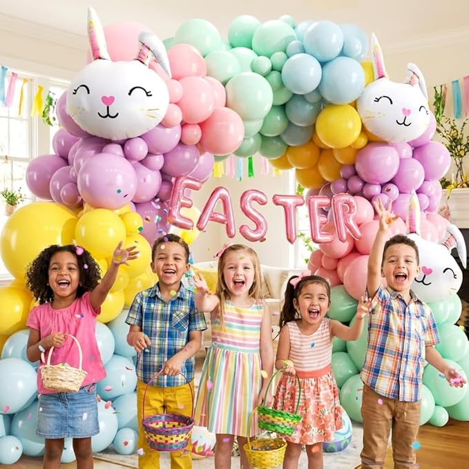 Easter Balloon Arch Kit - Pastel Balloon Garland Kit with EASTER Balloon Banner, Bunny Balloons for Easter Party, Spring Birthday, Baby Shower, Rainbow Easter Supplies Party Decorations