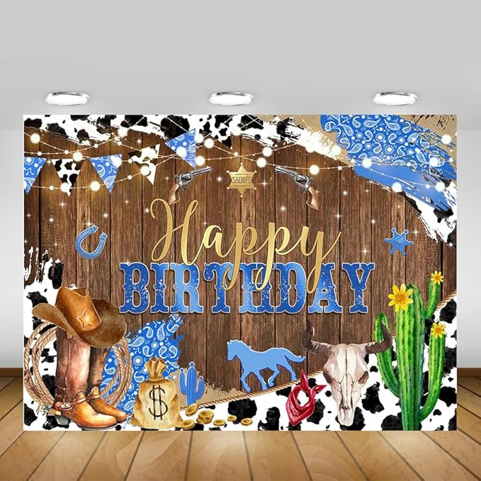 Mocsicka Western Cowboy Happy Birthday Backdrop Brown Wood Kids Party Decorations Banner Rustic Old West Rodeo Photography Background Supplies (Blue, 10x8ft(120x96 inch)), ZR-JJ0209