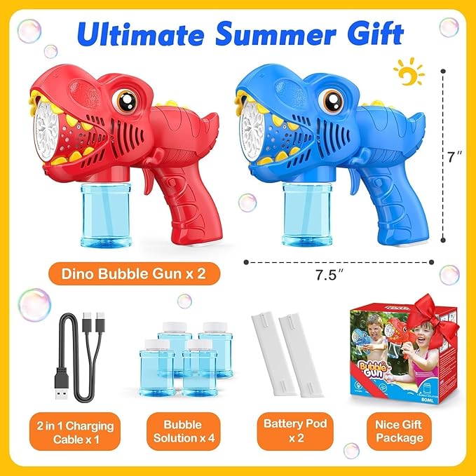 Bubble Machine Gun Kids Toys 2 Pack Rechargeable Bubble Guns with 4 Solutions Bubbles for Kids Toddlers Maker Blower Easter Basket Stuffers Dinosaur Outdoor Toys Valentines Boys Girls