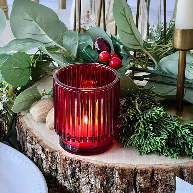 Kate Aspen 24PCS Vintage Ribbed Red Glass Tealight & Votive Candle Holders, Fall Decor, Boho Decor, Shelf Decoration for Wedding, Bachelorette, Bridal Shower & Anniversary