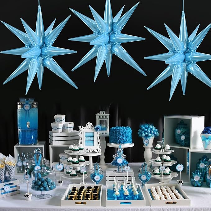 TONIFUL 4 Pcs 22inch 4D Light Blue Explosion Star Mylar Balloons 14Point Star Balloons for Party Backdrop Christmas,New Year Birthday, Wedding Baby Shower Anniversary Photo Booth Supplies