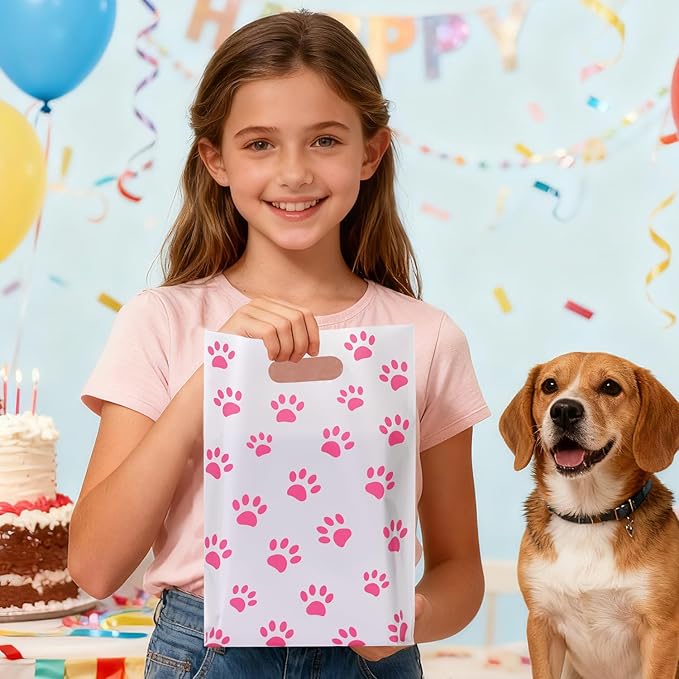 HappFestiv 50 Pcs Pink Dog Paw Party Favor Bags, Cute Puppy Plastic Goodie Bags for Candy & Small Gifts, Dog Paw Party Decorations and Supplies Treat Bags, Gift Bags for Birthday Party Baby Shower