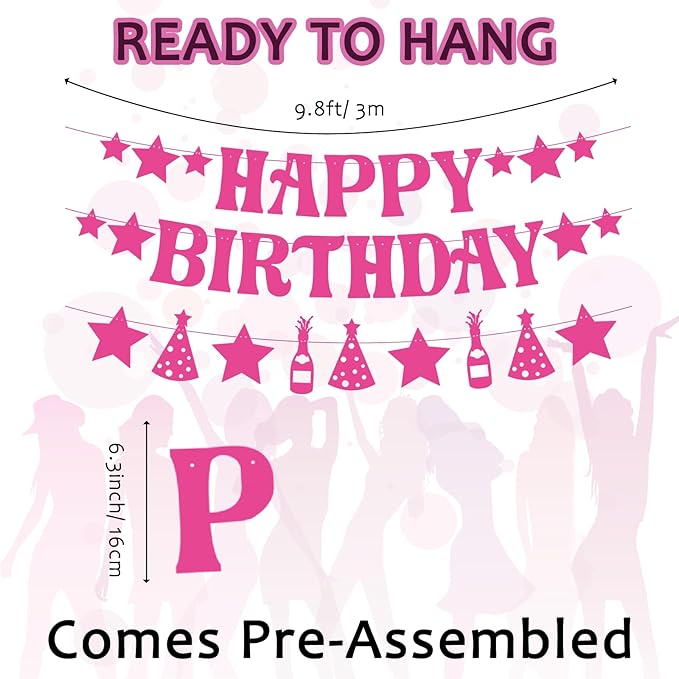 GOGOBAY Hot Pink Happy Birthday Decorations - 7PCS Pre-Strung Banner & Hanging Decorations for Girls' Birthday Party