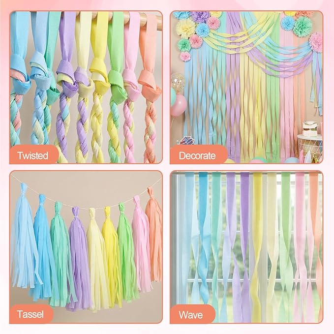 Pastel Crepe Paper Streamers 9 Rolls 738ft,Fancy Streamers Party Decorations for Birthday Wedding Baby Shower Bride Shower Holiday Decorations DIY Gift Wrapping, 1.77 Inch x 82 Ft/Roll