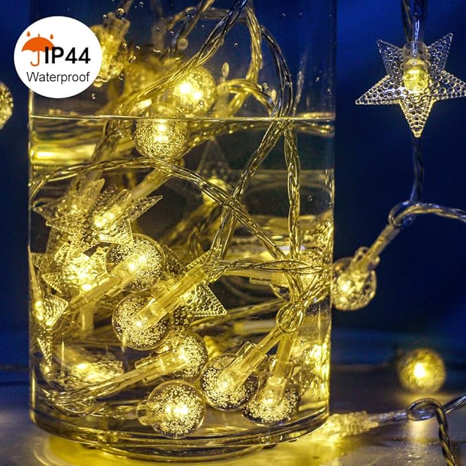 50 Stars & 50 Globes String Lights for Wedding, Party, Holiday Decor - 100 LED, 49.2ft, Remote Control, 8 Modes, IP44 Waterproof, Linkable Plug in Lights for Indoor Outdoor, Backyard, Celebration