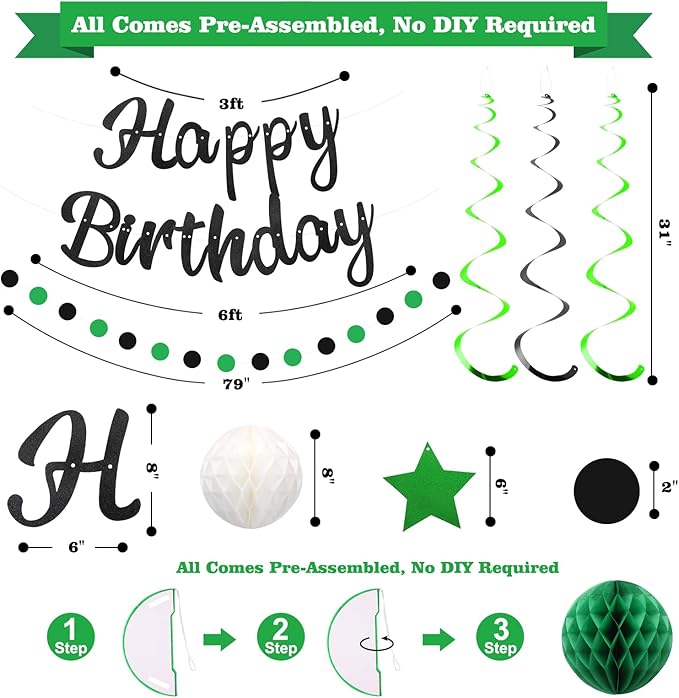 YEOCU Birthday Decorations, NO DIY, Pre-Strung Happy Birthday Banner with Honeycomb Ball, Hanging Swirl, Circle Dots Garland, Happy Birthday Party Decorations for Women Men Boys Girls (Green & Black)