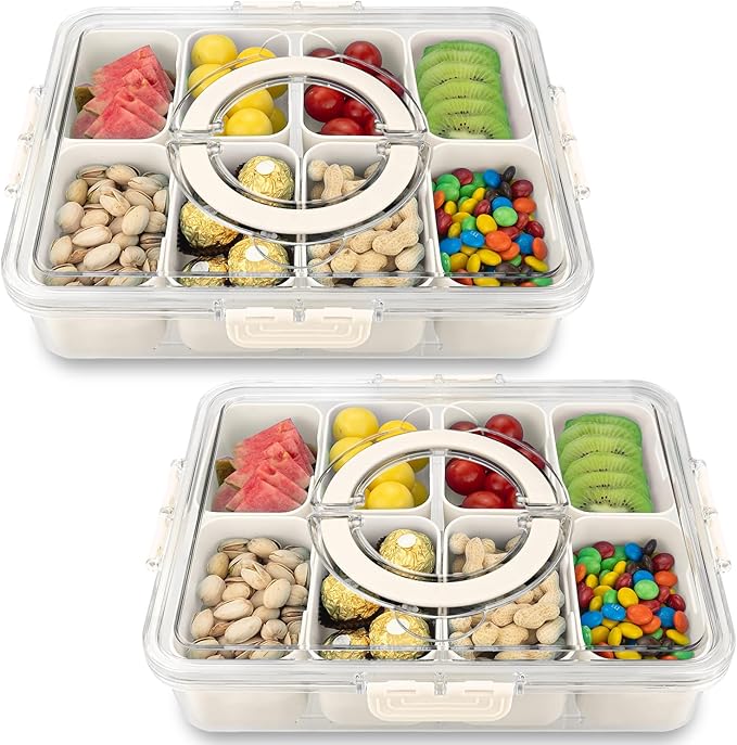 Divided Serving Tray with Lid and Handle,8 Compartments Snacks Box,Snack Fruit Tray,Veggie Tray,Portable Platter for Candy Fruits Nuts Snack Party Entertaining Picnic(2 PCS)