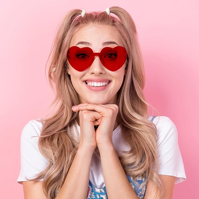 28 Pack Heart Shaped Sunglasses for Women Rimless Heart Glasses Bulk Mardi Gras Candy Color Sunglasses for Party
