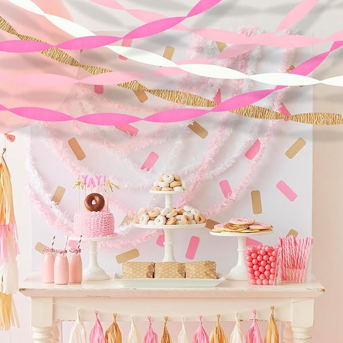Pink Streamers Party Decorations, 8 Rolls 656ft Pink and Gold Crepe Paper Streamers for Wedding, Bridal Shower, Baby Shower, Birthday, Valentines Day, Bachelorette, Girl Party Backdrop Decorations