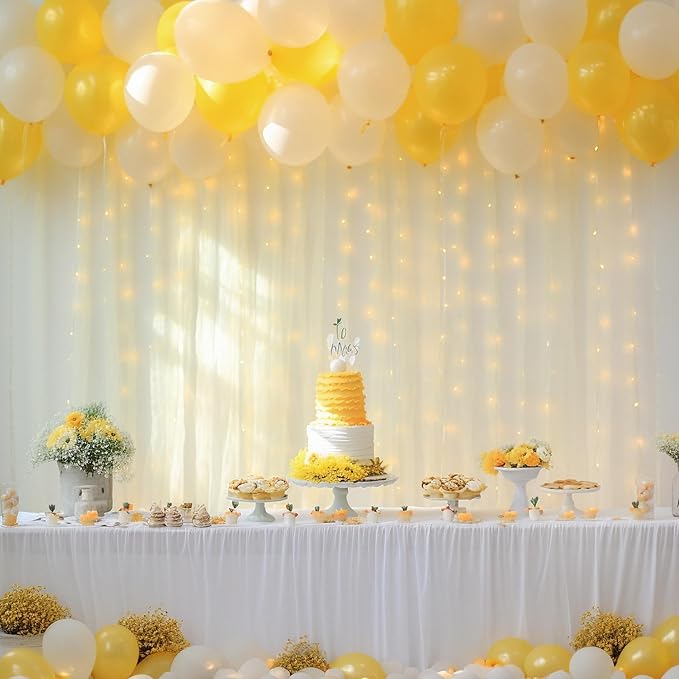 30x8ft Ivory Tulle Backdrop Curtain with Lights String for Parites, Sheer Backdrop Curtains for Wedding Baby Shower Birthday Party Photo Shoot Decorations