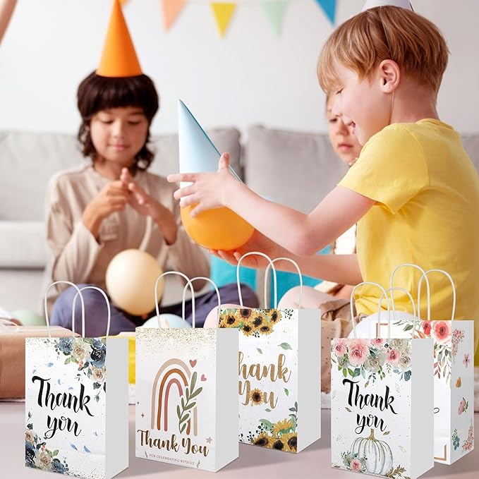 20Pcs Thank You Gift Bags with Handles, 8.2" x 5.8"x3.15" Flower Design Kraft Paper Gift Bags, Party Favor Bags for Wedding Birthday Shower Thanksgiving