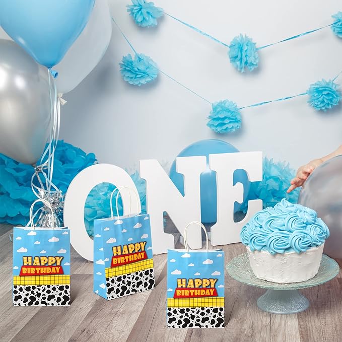 16 Pcs Cartoon Story Party Favor Bags, Cow Pattern Goodie Treat Bags, Blue Sky White Cloud Kraft Paper Candy Gift Bags With Handle for Kids Birthday Party Decorations